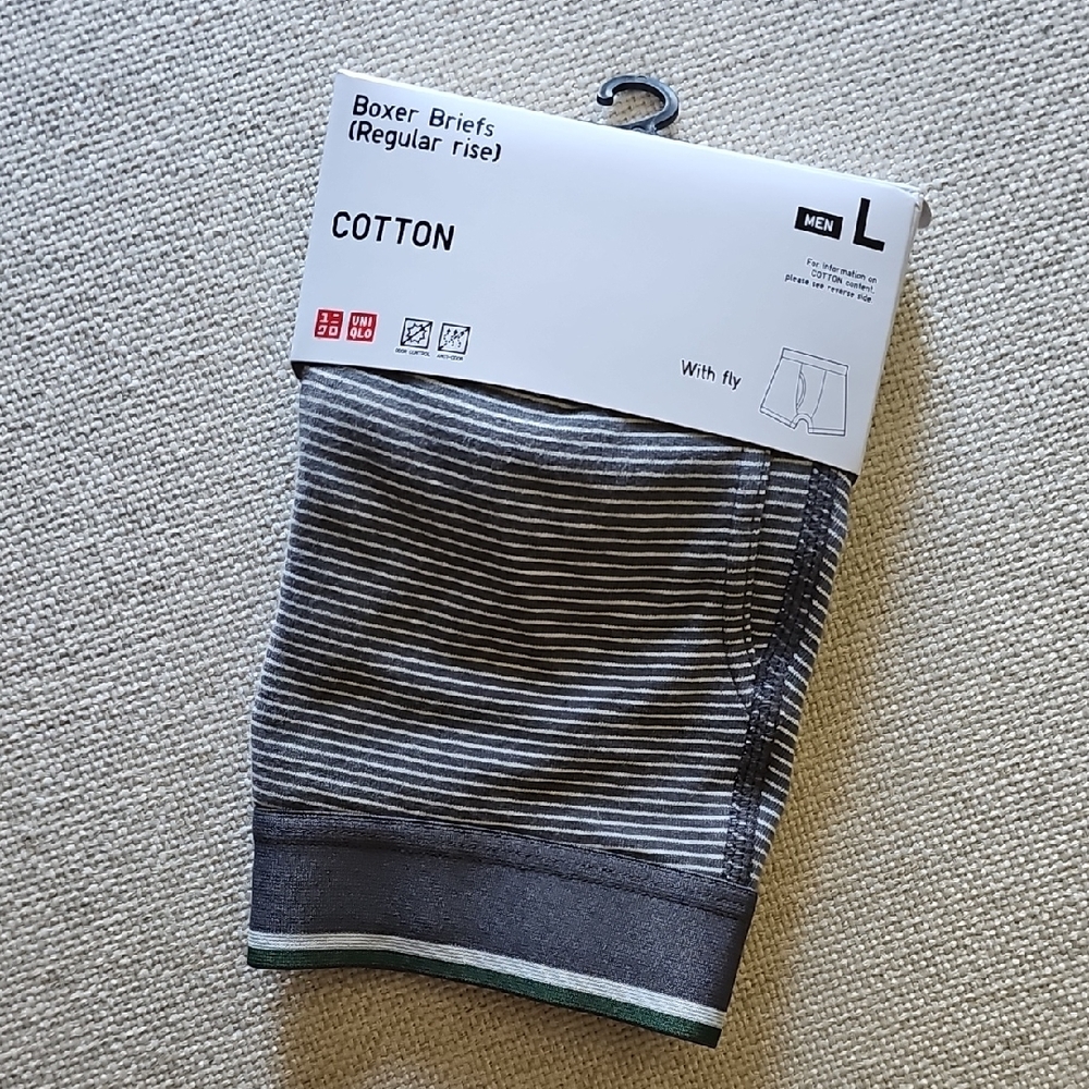 Uniqlo Gray & White Striped Cotton Boxer Briefs with Green Trim